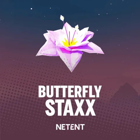 Butterfly Staxx için özgün tanıtım görseli: slot oyunu düzenini soyut geometrik desenle gösterir.