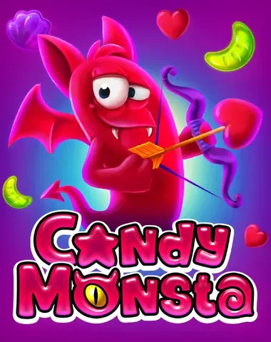 Candy Monsta St Valentines için özgün tanıtım görseli: slot oyunu düzenini soyut geometrik desenle gösterir.