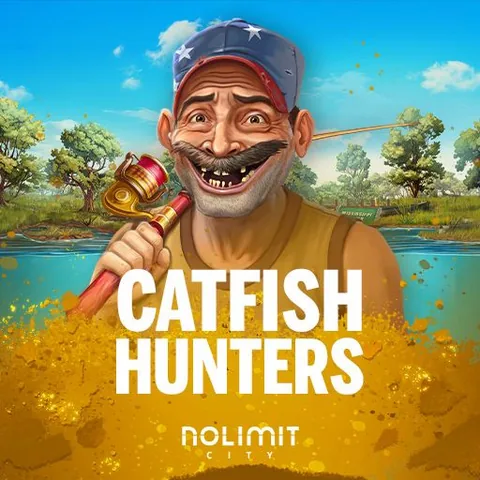 Catfish Hunters için özgün tanıtım görseli: slot oyunu düzenini soyut geometrik desenle gösterir.